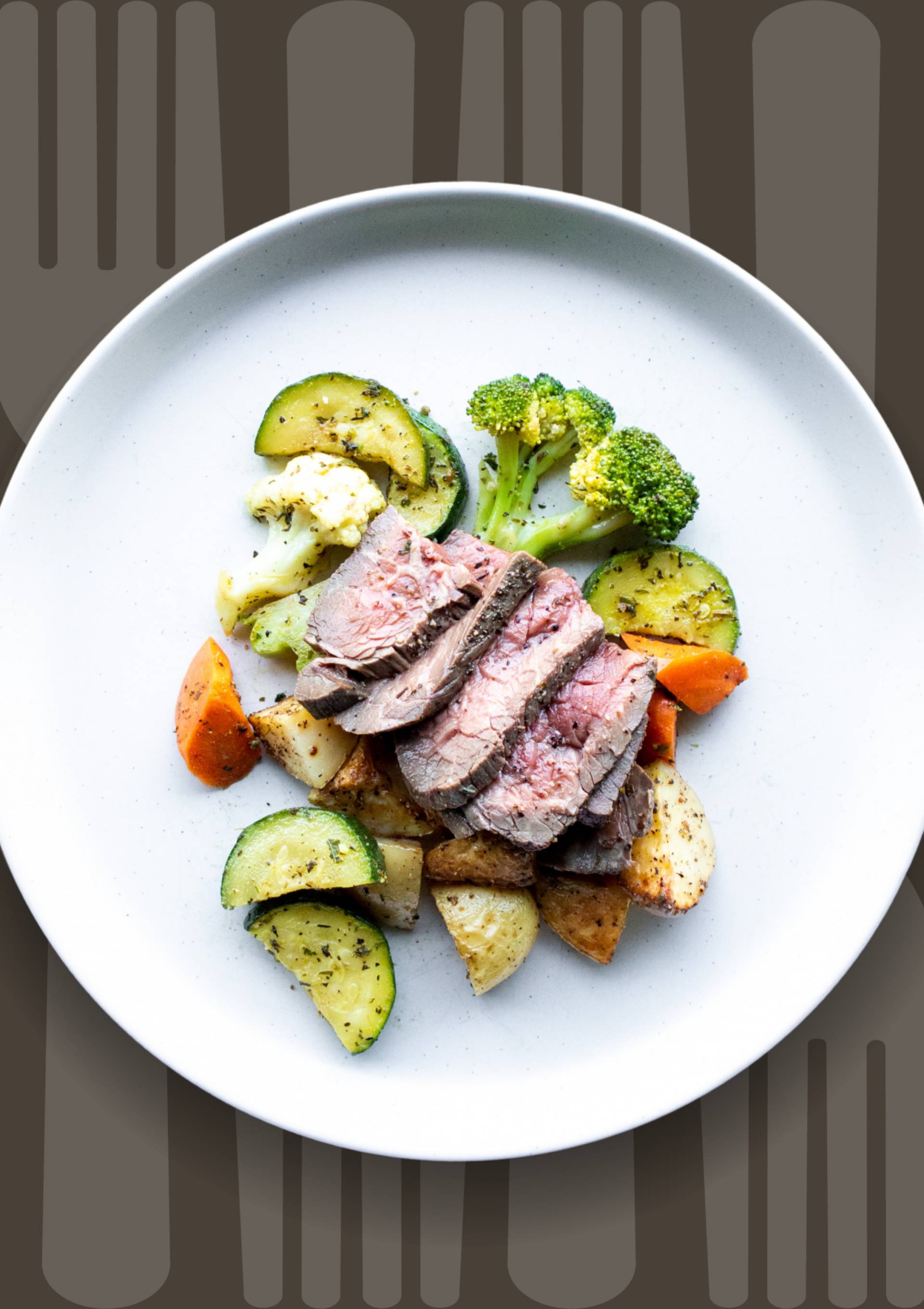 Sirloin with Roasted Potatoes and Seasonal Vegetables