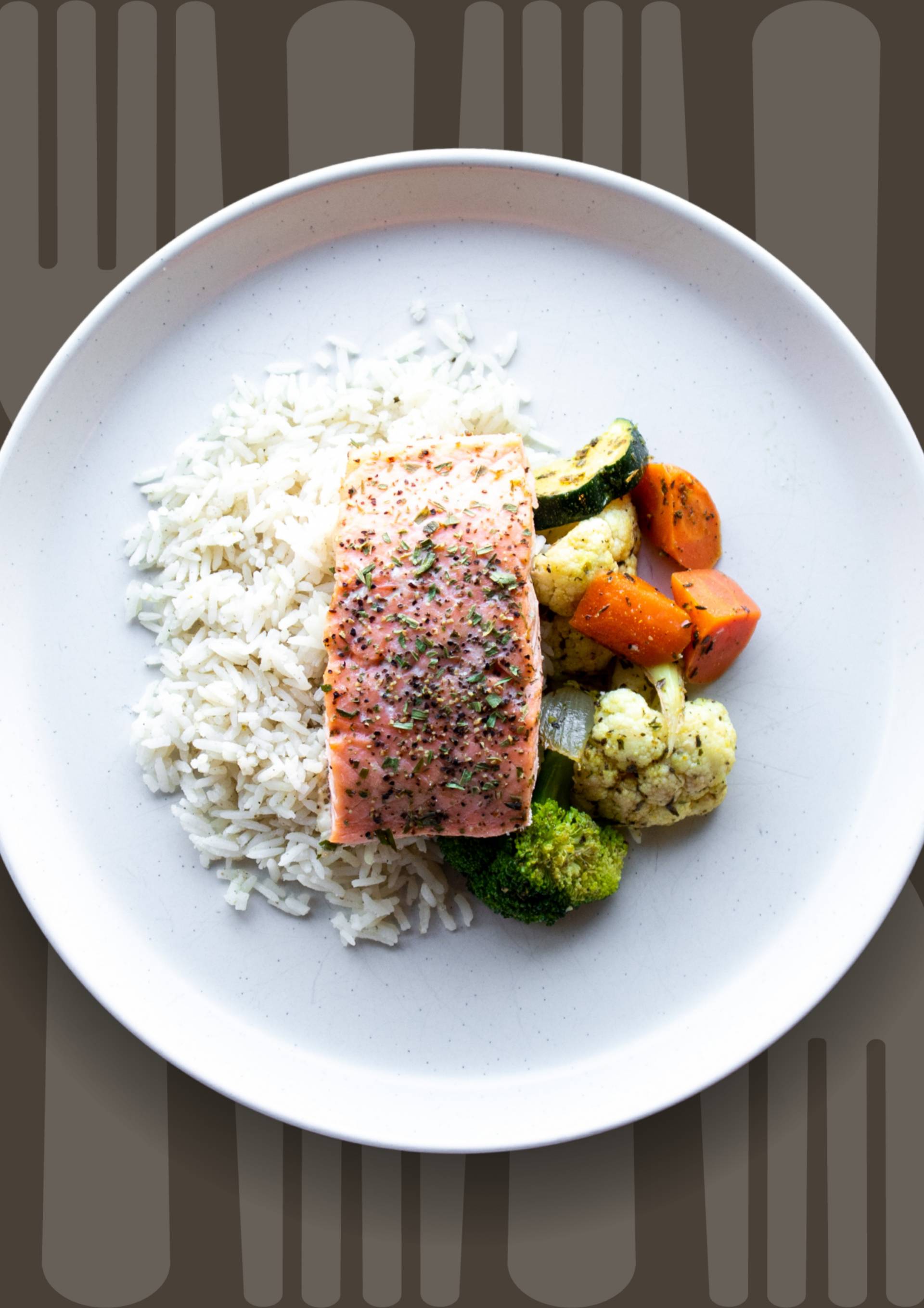 Salmon Filet with Jasmine Rice and Seasonal Vegetables
