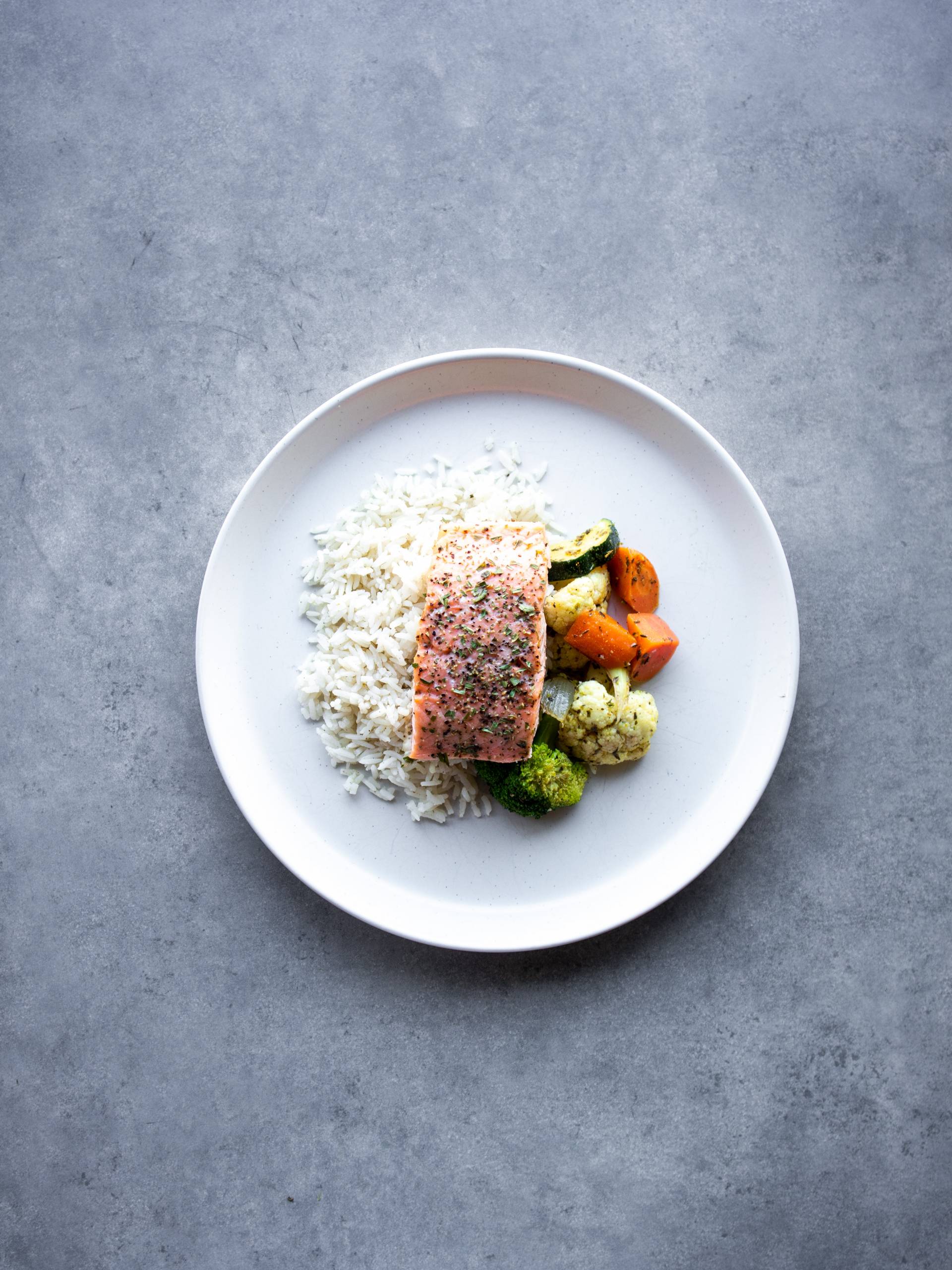 Salmon Filet with Jasmine Rice and Seasonal Vegetables